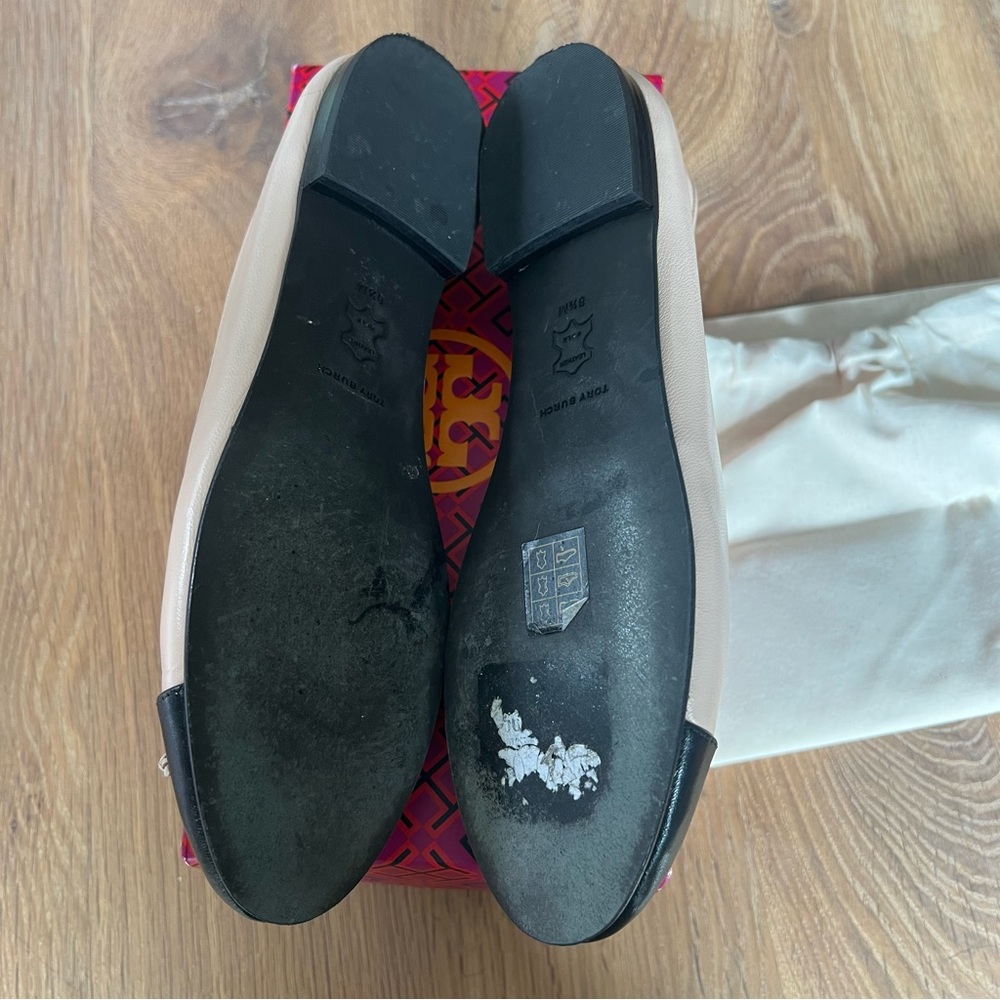 Tory Burch Cap-Toe Black and Pink Ballet Flats with Bow - Picture 3 of 5
